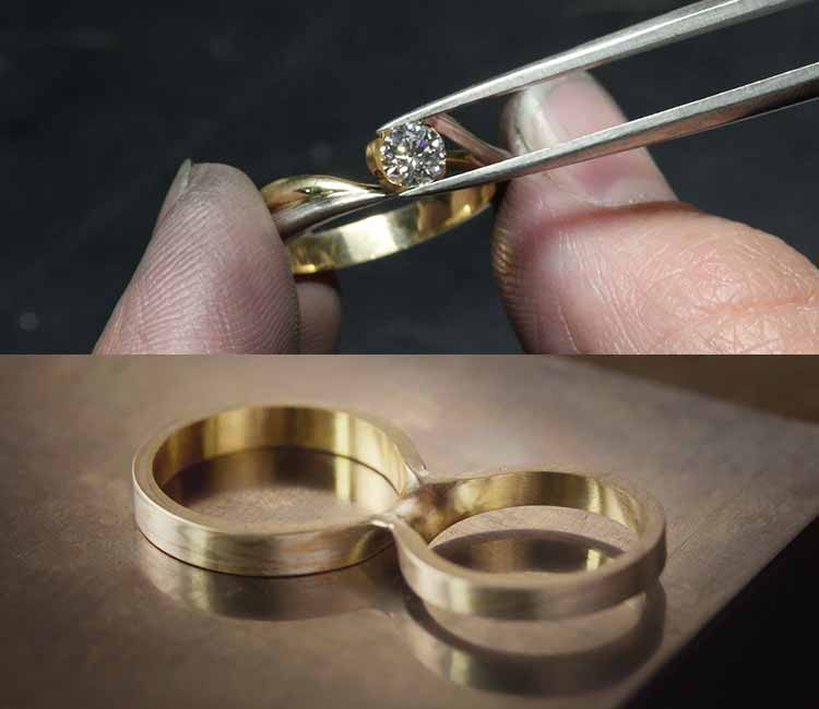伝統技法の木目金で製作された和風の手作り指輪「恋桜」のセットリングの制作方法