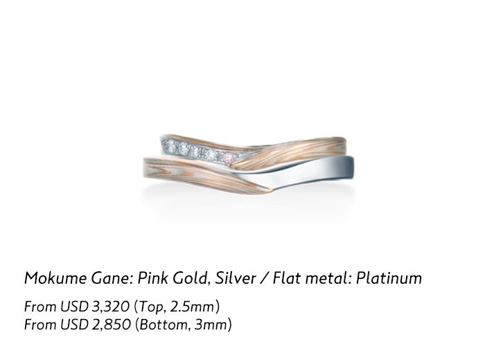 Mokume Gane Mokume-Tsumugi 木目つむぎ Mokume Gane: Pink Gold, Silver / Flat metal: Platinum