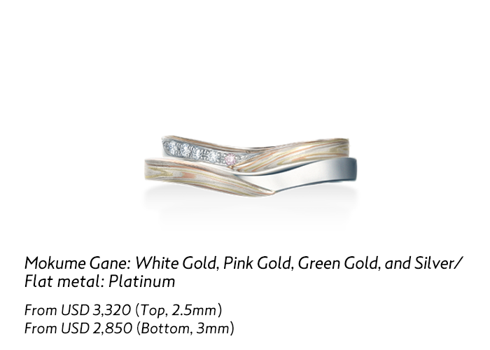 Mokume Gane Mokume-Tsumugi 木目つむぎ Mokume Gane: White Gold, Pink Gold, Green Gold and Silver / Flat metal: Platinum